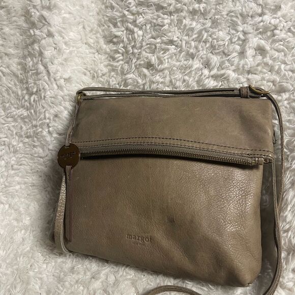 Margot Fold over Taupe Leather Crossbody Bag  brass hardwares and accent - Picture 2 of 13